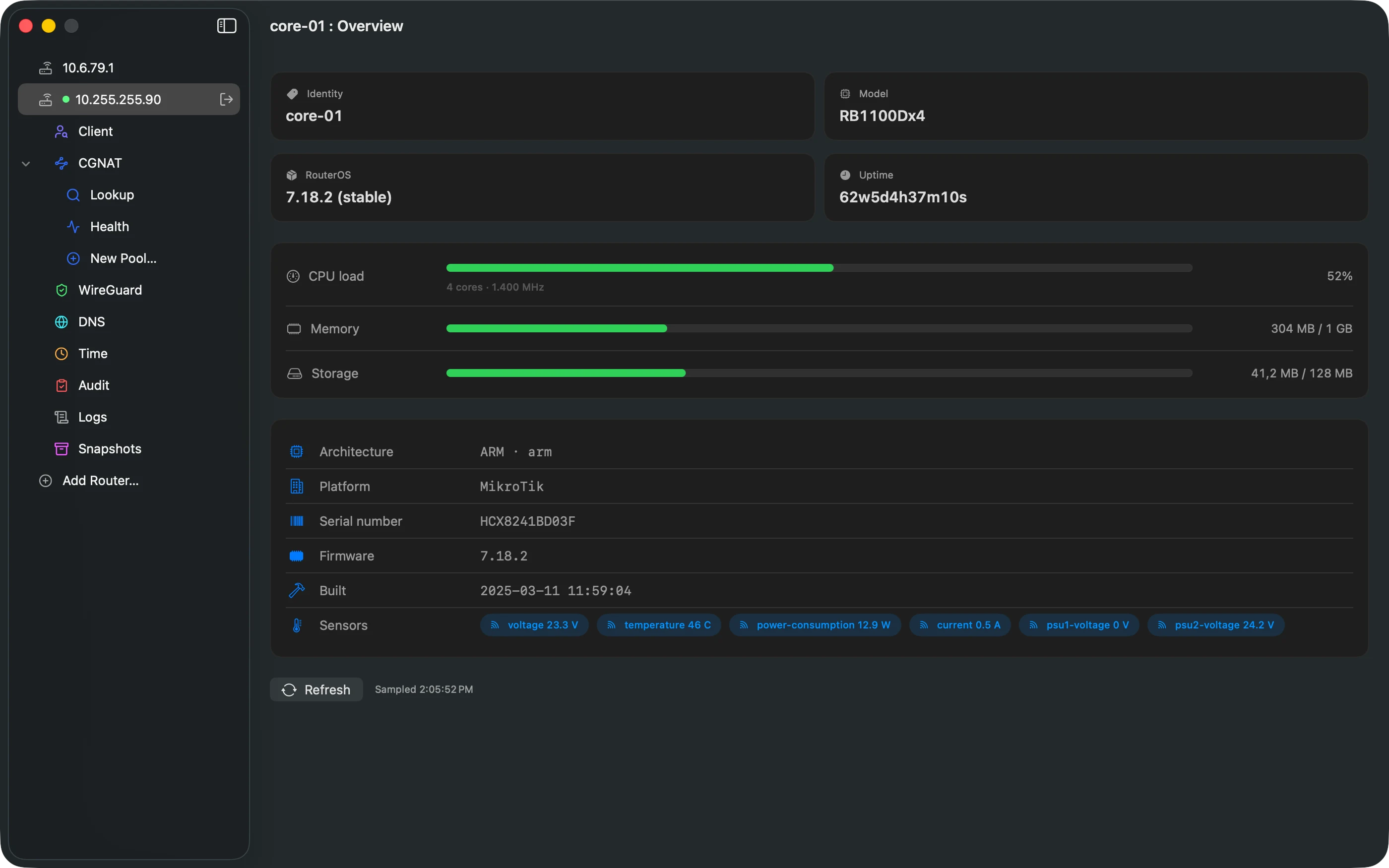 The router overview, with live meters